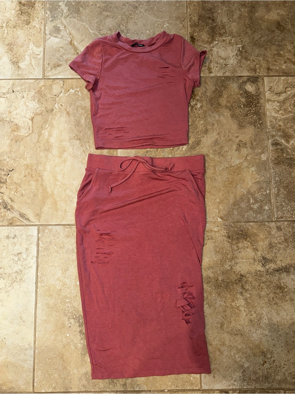 Fashion Nova Mauve Rose Distressed Two-Piece Midi Skirt Set